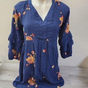 Fig‎ and Flower Blue Dress M P Embroidered Boho Ruffle Sleeve Coastal Cowgril